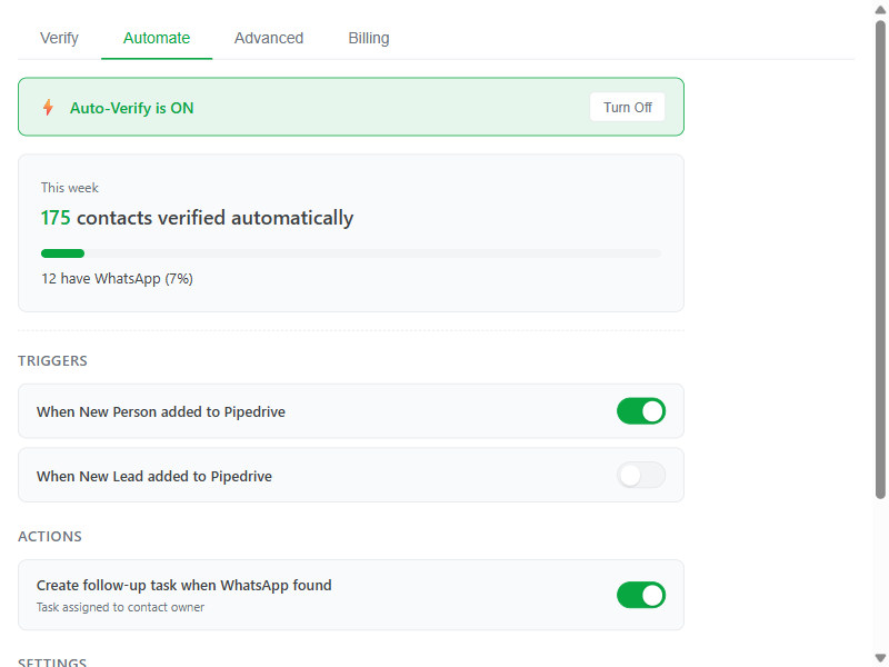 Auto-verify settings panel